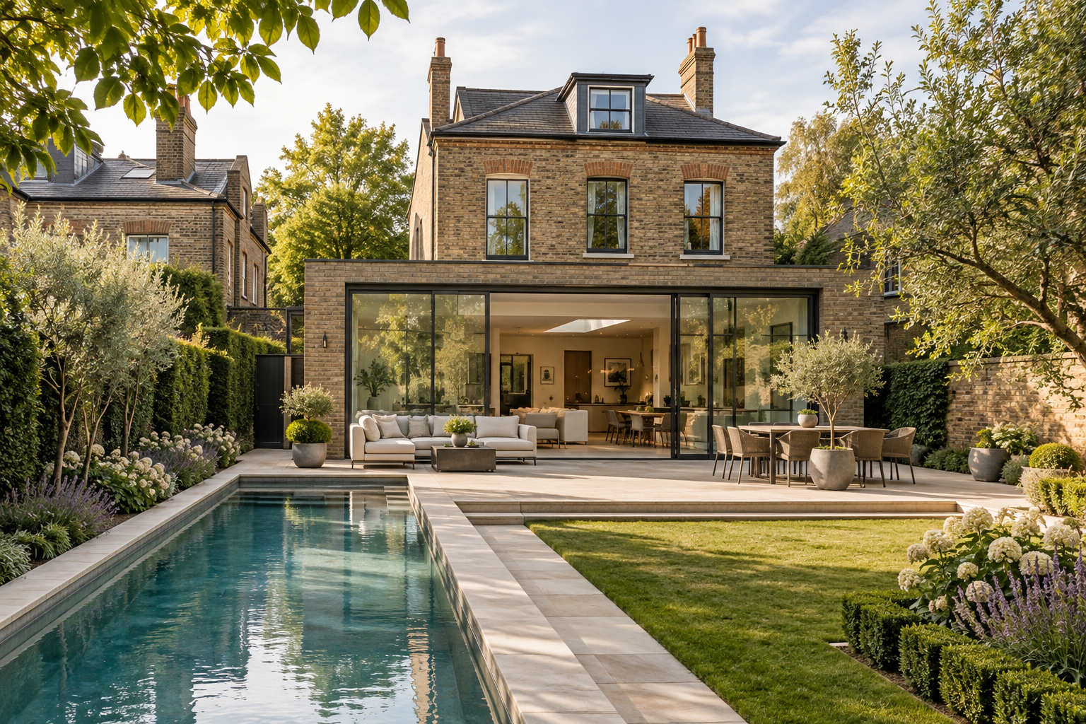 Illustrative brick home with a glazed extension, landscaped patio and swimming pool